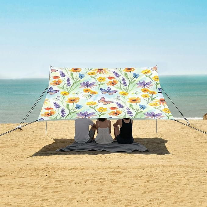 Wildflowers Beach Canopy Sun Shelter with Sandbags &amp Sand Shovel &amp Windproof Ropes - Portable 110x126 Beach Shade Beach Tent for Camping Picnics