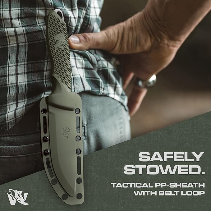 ODENWOLF W-SCANDI Full Tang Survival Knife with Sheath - Stylish Tactical Fixed Blade - Made of D2 Steel - Bushcraft and Camping Knife Survival - Perfect EDC Hunting Knife with TPE Handle