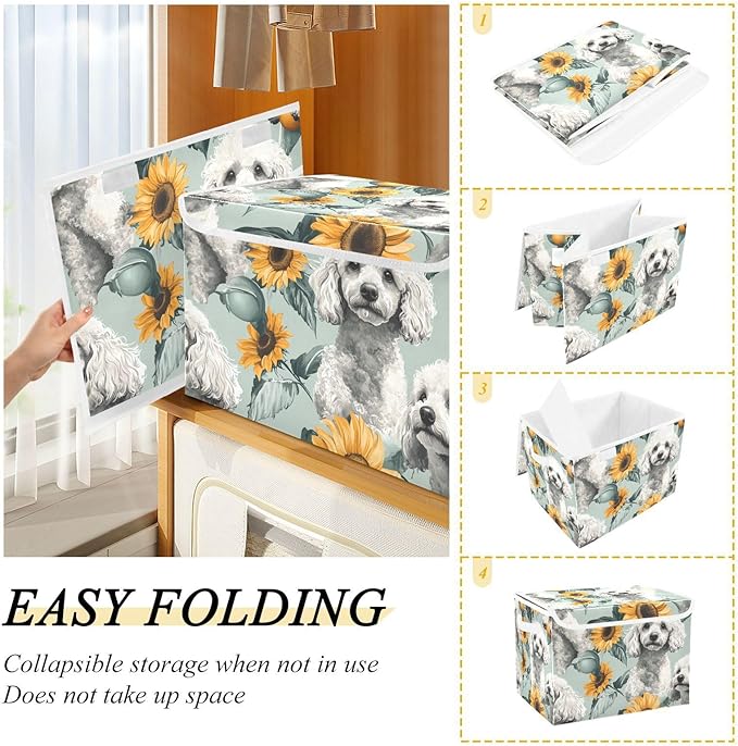 Collapsible Storage Bins with Lids Decorative Fabric Storage Cubes Closet Organizer and Storage Basket Boxes Containers for Clothes Box Chest Nursery Folding Rectangle White Poodle Sunflower