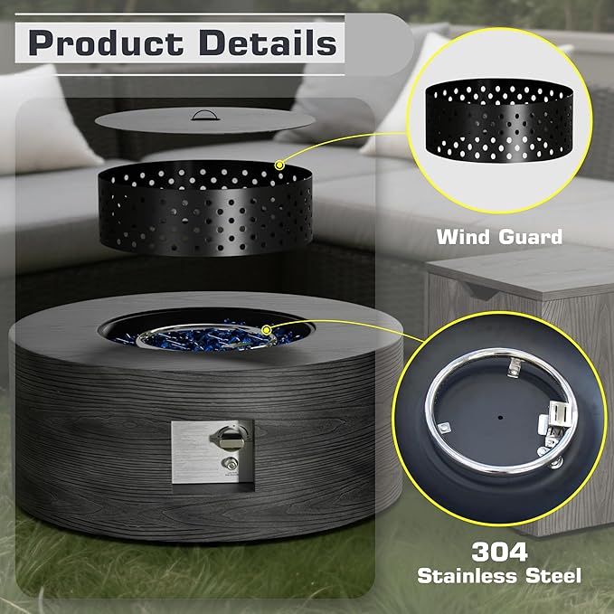 2-Piece 30 Round Propane Fire Pit for Outside Patio with Hidden Tank Table 50000 BTU Fireplaces with Wind Guard Lid Glass Rocks Cover(Wood Grain Ebony)