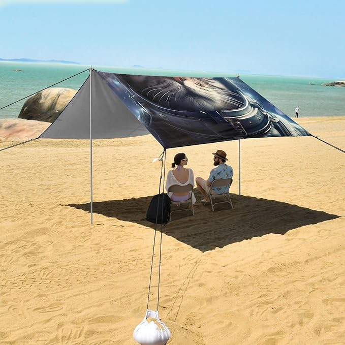 ALAZA Cat Astronaut Beach Tent Sun Shelter UPF50+ Protection Beach Shade Canopy w/ 4 Sandbags for Outdoor Camping Fishing Backyard Fun Picnic 10x9 ft