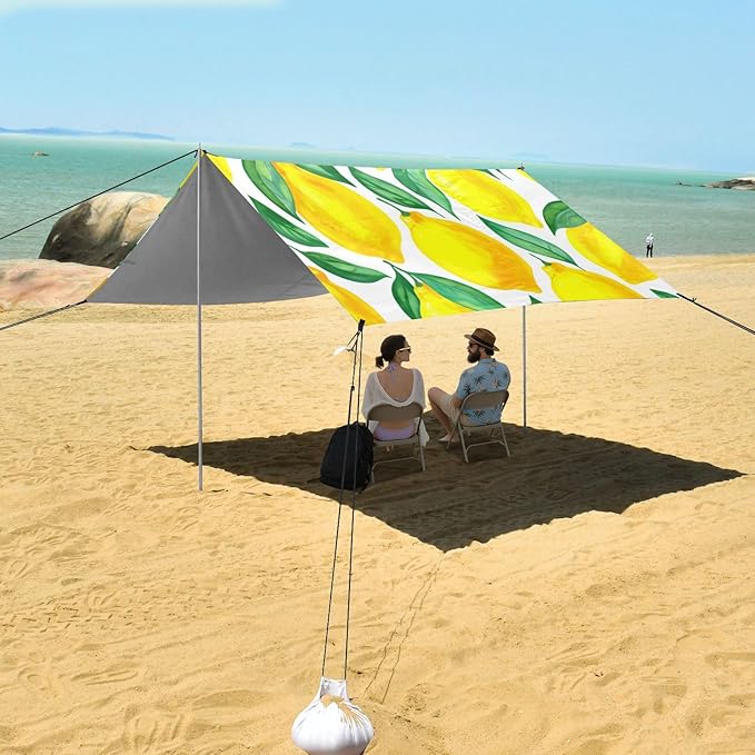 Beach Canopy with Windproof Ropes &amp Sandbags Beach Tent Sun Shade Sun Shelter for Camping Trips Fishing Backyard Fun or Picnics Lemons