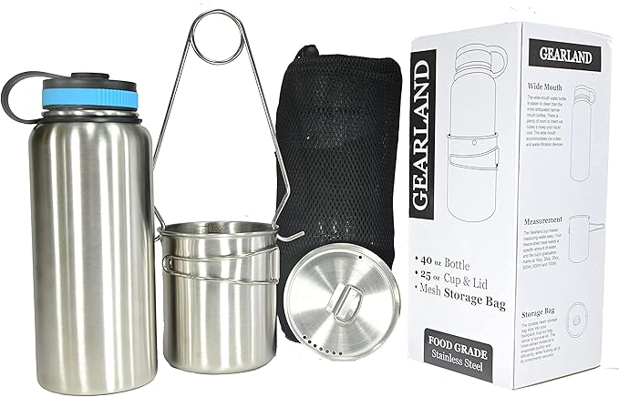 Canteen Stainless Steel Water Bottle with Nested Camping Cup and Lid for Bug Out Bag Bushcraft Gear Metal Canteen with a Wide Mouth Water Bottle and Mess Kit