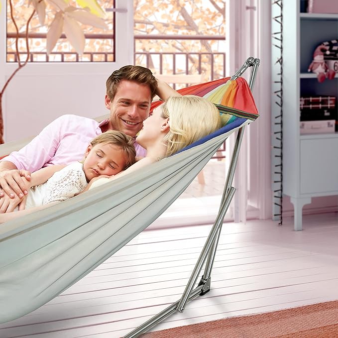 Tranquillo Double Hammock with Stand 550lb Capacity Double Hammock with Spreader Bar Solid Grade 201 Stainless Steel 30s Set Up Sturdy Flexible Hammock Stand Portable Outdoor Indoor Rainbow