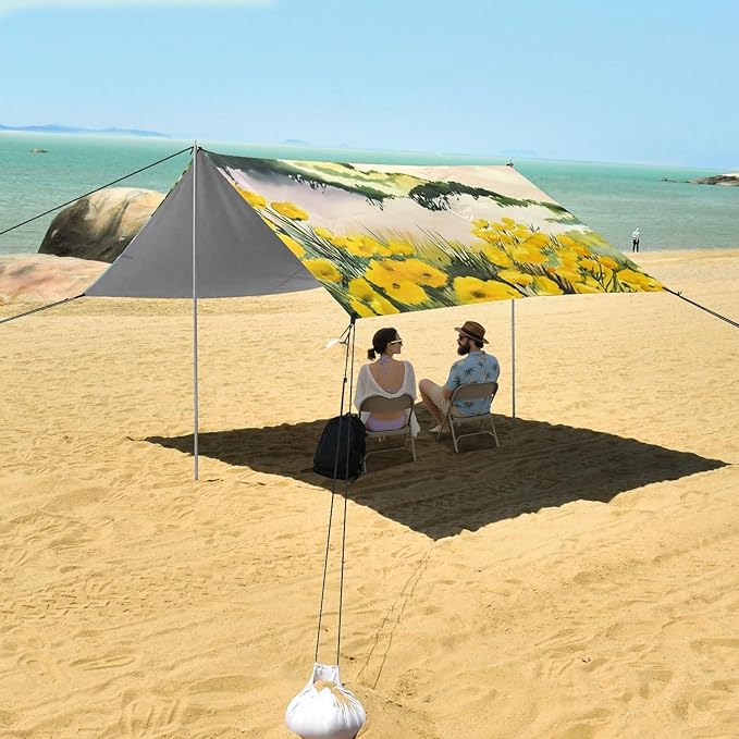 Beach Canopy with Windproof Ropes &amp Sandbags Beach Tent Sun Shade Sun Shelter for Camping Trips Fishing Backyard Fun or Picnics Beach