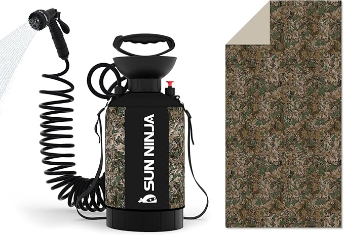 SUN NINJA Portable Shower Bundle 1.3 Gallon with Microfiber Beach Towel Multi-Spray Shower Head Neoprene Cover Keeps Water Warm Quick-Dry &amp Sand-Free Towel Complete Outdoor Cleaning Kit