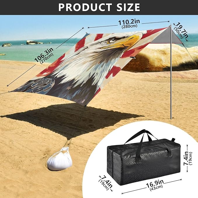 ALAZA Stylish American Bald Eagles with Stars Beach Tent Sun Shelter Portable Canopy Sunshade for Outdoor Camping Picnics Backyard Fun 10x9 ft