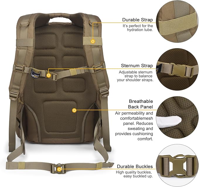 Mardingtop Military Tactical Backpack for Men 40L Molle Rucksack EDC Daypack for HikingTravelCamping Hunting(With 10Pcs Patches and 3Pcs Buckles)