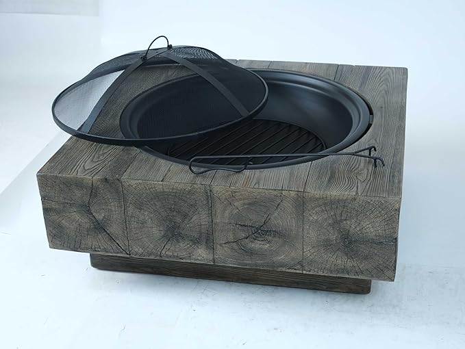 Outdoor Wood Burning Fire Pit with Wood Grain Design Magnesium Oxide Antique Dark Grey 27.4” x 24.4” x 18” for Garden and Patio