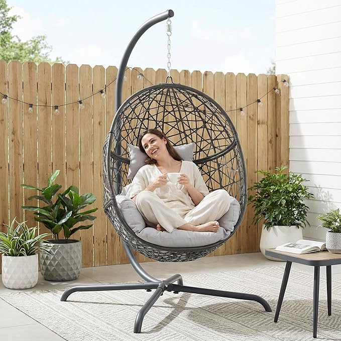 NICESOUL Egg Swing Chair Outdoor Indoor Boho Style Bird Nest Wicker Swinging Chair with Stand 350Lbs Comfy Hanging Hammock Chairs with Cushions All-Weather Egg-Shape Seat for Deck Garden Gray
