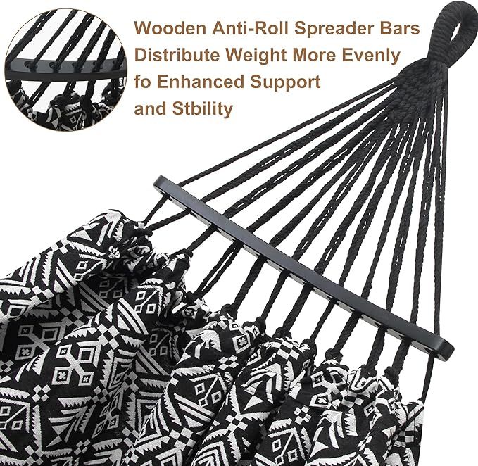 2 Person Hammock with PillowIndoor Hammocks with Portable Carry Bag Deluxe Macrame FringeCurved Spreader BarSide PocketPolycotton FabricUp to 450Lbs for PatioPorchBackyardBeachOutdoor