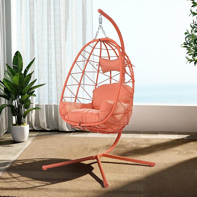 Hanging Egg Chair with Stand Outdoor Indoor Patio Rattan Swing Hammock Chairs with Washable Cushion PE Wicker Swing Chair for Backyard Bedroom Garden (Orange Red + Orange Red Cushion No Footrest)