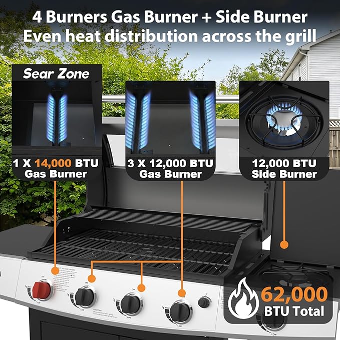5 Burners Propane Gas Outdoor Grill 62000 BTU Side Burner 645 Sq.in Porcelain-Enameled Grates Stainless Steel Propane Grill Outdoor Cooking Patio Garden Family Barbecues Party