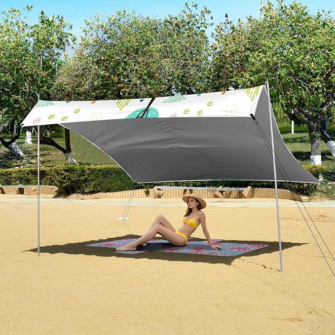 Beach Canopy with Windproof Ropes &amp Sandbags Beach Tent Sun Shade Sun Shelter for Camping Trips Fishing Backyard Fun or Picnics Tree