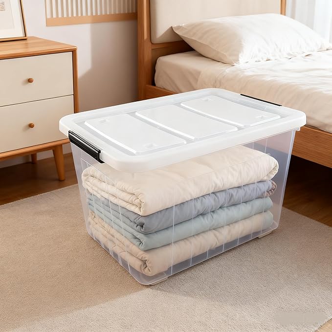 70 Qt Stackable Plastic Storage Bins with Lids 4 Pack See-Through Organizing Containers Box Durable Nestable Containers Organize Shoes Closet Shelves Clothes Blankets Towels Clear
