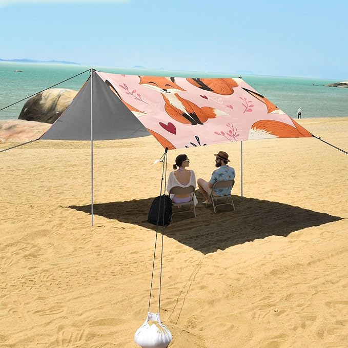 ALAZA Pink Fox Love Pattern Beach Tent Sun Shelter Portable Canopy Sunshade for Outdoor Camping Picnics Backyard Fun 10x9 ft