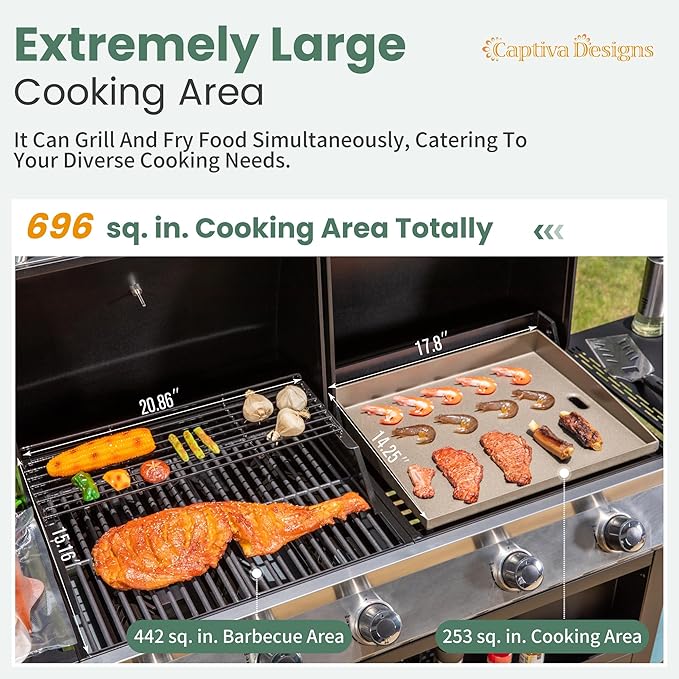 Captiva Designs Propane Gas Griddle Grill Combo with Porcelain-Enameled Cast Iron Grate &amp Cast Iron Pan Dual BBQ Grill With Flat Top Griddle for Outdoor Kitchen &amp Backyard Barbecue696 SQIN C