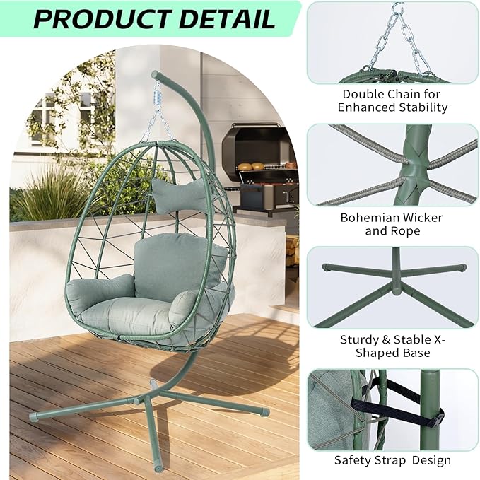 Hanging Egg Chair with Stand Outdoor Indoor Patio Rattan Swing Hammock Chairs with Washable Cushion PE Wicker Swing Chair for Backyard Bedroom Garden (Dark Green + Dark Green Cushion No Footrest)