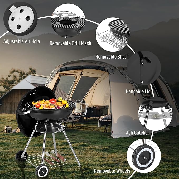 Outvita Charcoal Grill 22 inch Stainless Steel BBQ Charcoal with Wheels and Storage Holder for Camping Picnic Barbecue Party Outdoor