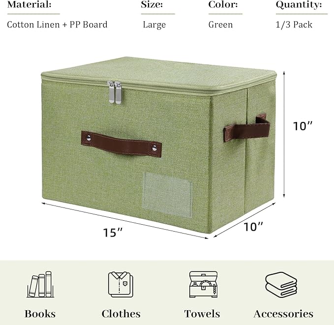 Lucky Monet 3PCS Storage Bins with Zipper Lids 15x10x10 Foldable Lidded Fabric Storage Boxes Baskets Cotton Linen Closet Shelf Clothes Organizer with Handles &amp Label Pocket (Green Large)