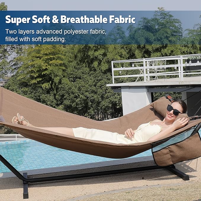 TegerDeger 12FT 2 Person Hammock with Stand Included 55 x 79IN Large Hammock 450LB Capacity with Hardwood Spreader Bar &amp Nylon Rope for Outside Patio Garden Backyard Beach Poolside - Brown