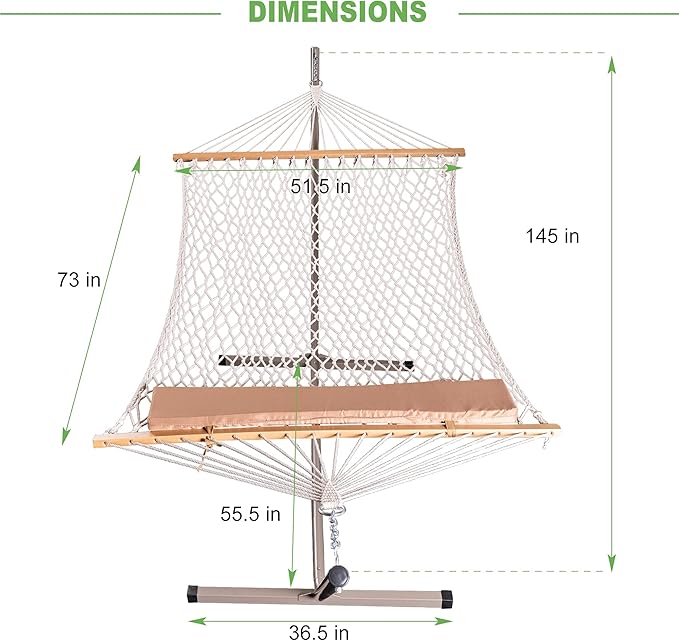 Lazy Daze Hammocks Double Rope Hammock with Stand Include 12 Feet Traditional Cotton Rope with Pillow for Outside Backyard Patio Garden Tan Pillow