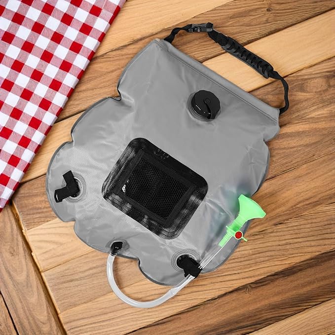 Portable Solar Shower Bag 20l with Temperature Indicator and On/Off Switchable Shower Head Outdoor Camping Hiking Beach Travel Gray