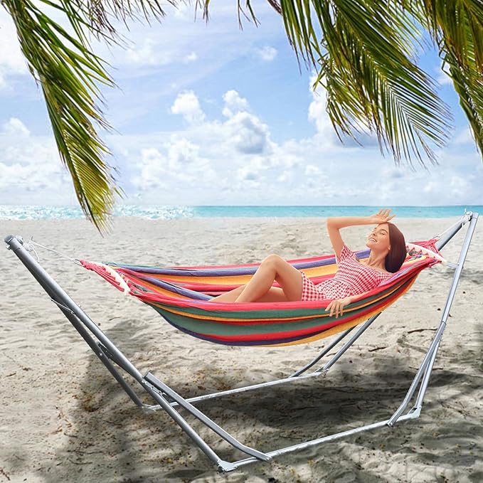 Double Hammock Basics Dual-bar Design Heavy-Duty Metal Hammock Stand with Carrying Bag 400 LBS Strong Load-Bearing Striped Print Red