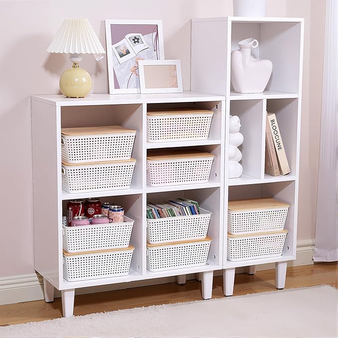 Storage Bins with Lids 8 Packs Plastic Storage Bins with Bamboo Lids for Pantry Organization and Storage Containers for Shelves Drawers Desktop Closet Playroom Classroom Office Home White