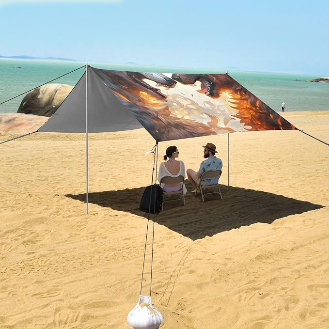 ALAZA Roarring Wolf Fire &amp Ice Beach Tent Sun Shelter UPF50+ Protection Beach Shade Canopy w/ 4 Sandbags for Outdoor Camping Fishing Backyard Fun Picnic 10x9 ft