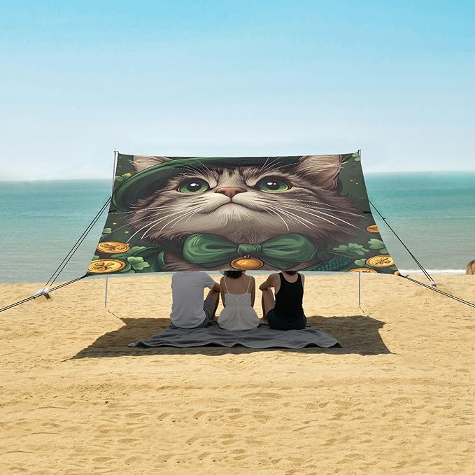 ALAZA St Patricks Cat Green Beach Tent Sun Shelter Portable Canopy Sunshade for Outdoor Camping Picnics Backyard Fun 10x9 ft