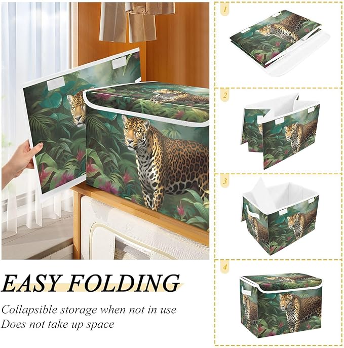 Leopard in Jungle Storage Cube with Lid Collapsible Flip-top locker Fabric Storage Bins Basket with Handle for Home Bedroom Closet Office 16.5×12.6×11.8 in