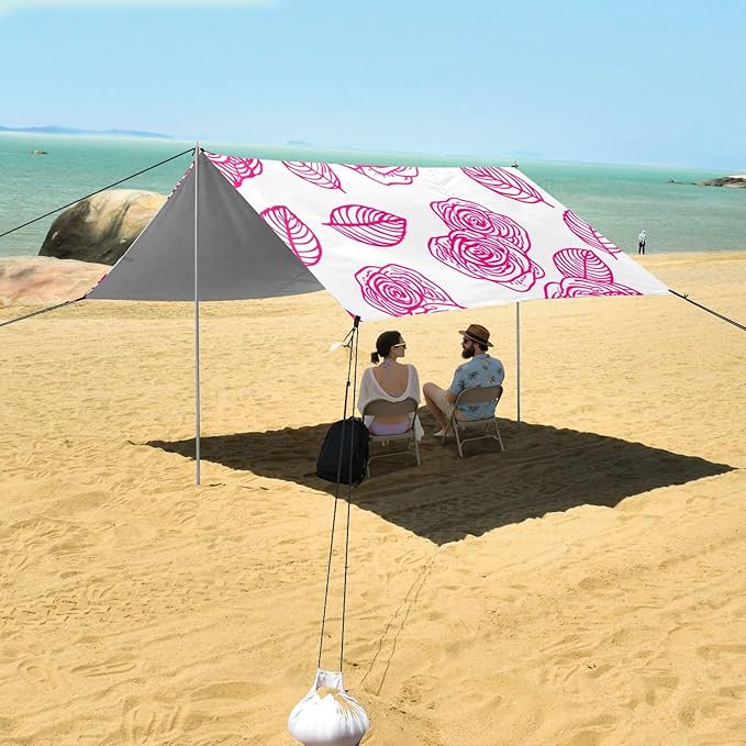 Beach Canopy with Windproof Ropes &amp Sandbags Beach Tent Sun Shade Sun Shelter for Camping Trips Fishing Backyard Fun or Picnics Roses