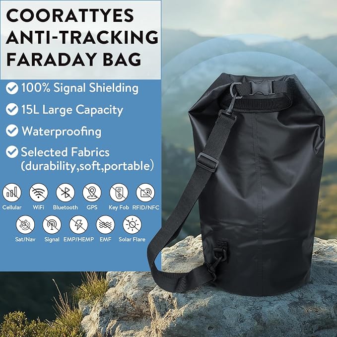 Faraday Dry Bag-15L/420D Signal Blocking Backpack - Protects Electronics from Spying &amp Hacking- Blocks RFID WiFi Bluetooth NFC Cellular GPS EMF