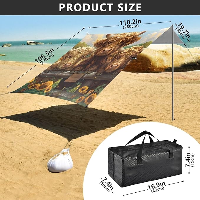 ALAZA Sunflower Highland Cattle Beach Tent Sun Shelter Portable Canopy Sunshade for Outdoor Camping Picnics Backyard Fun 10x9 ft