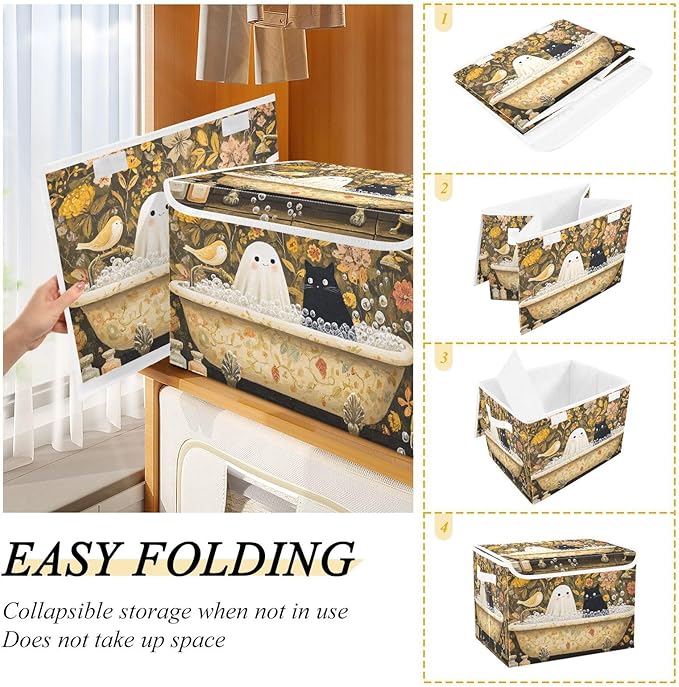 Halloween Ghost Cat Flowers Yellow Storage Box with Lid 1 PC Foldable Storage Bin with Lids Stackable Storage Bins Cube Closet Organizer Basket with Flip-Top Lid &amp Handles for Shoes Books Towels