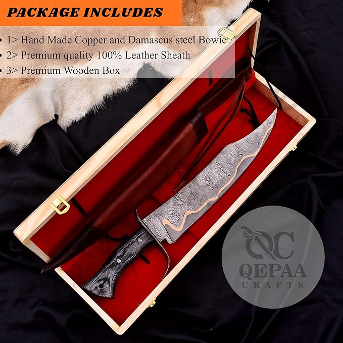 Handmade Copper Damascus Bowie Knife | San Mai Hunting Knife | Micarta Handle SurvivalBushcraft knives-Ideal for CampingSkinning Outdoor (QC-301)
