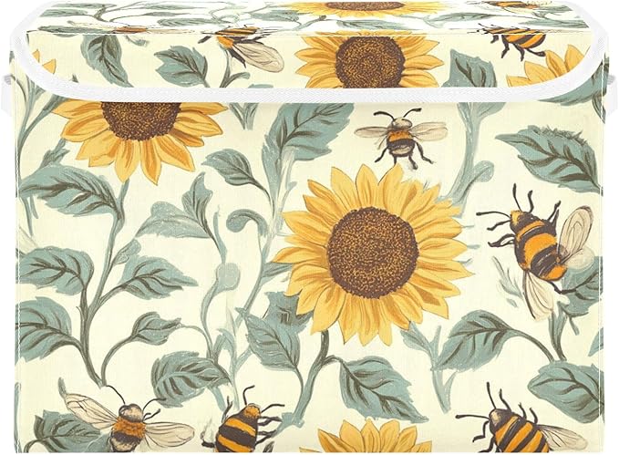 Collapsible Storage Bins with Lids Decorative Fabric Storage Cubes Closet Organizer and Storage Basket Boxes Containers for Clothes Box Chest Nursery Folding Rectangle Beige Bees Sunflower