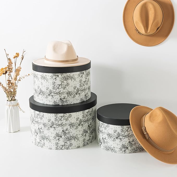 Soul &amp Lane Floral Hat Round Boxes with Lids Set of 3 Nesting Cardboard Hat Storage Large Black Print Cases Stacking Round Decorative Keepsake Boxes for Organizing