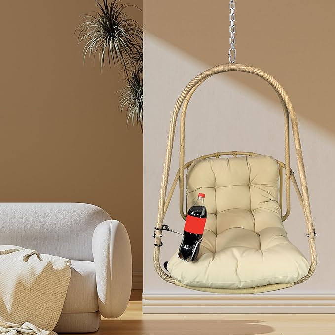 Foldable Rattan Hanging Egg Chair with Guardrail and Cup Holder for Indoor and Outdoor Relaxation in Patio Garden or Living Space - Ergonomic Design with Cushion and Pillow