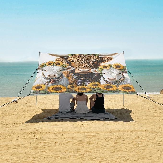 ALAZA Three Highland Cattle Sunflowers Beach Tent Sun Shelter Portable Canopy Sunshade for Outdoor Camping Picnics Backyard Fun 10x9 ft