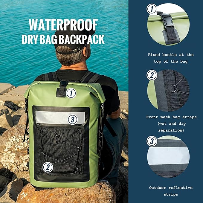 Waterproof Backpack 35 L PVC Lightweight Front Mesh Pocket Dry Bag for Kayaking Travel Hiking BoatingGreen