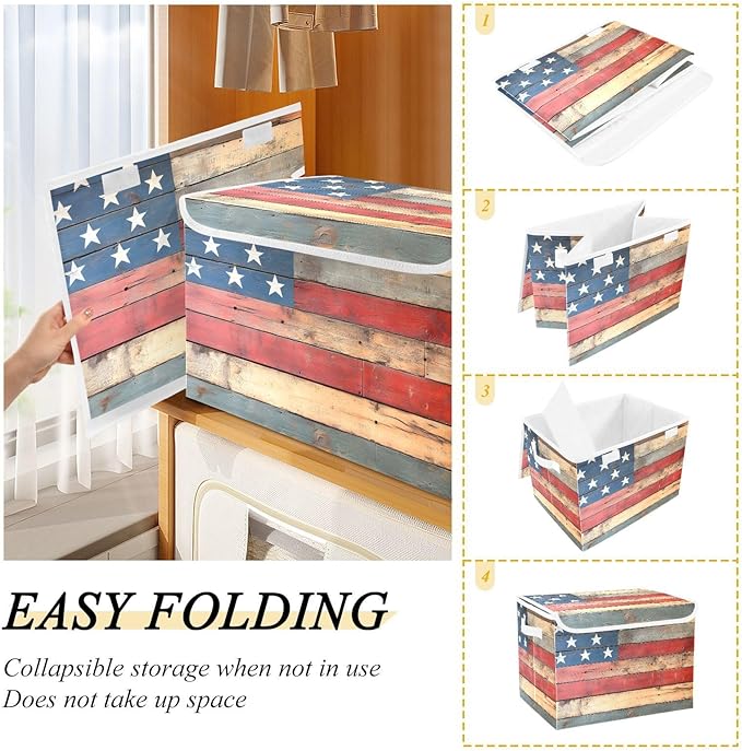 Storage Cube with Lid American Wood Floor Print 16.5×12.6×11.8 IN 1 Pack Collapsible Large Capacity Foldable Storage Basket Bin Organizer