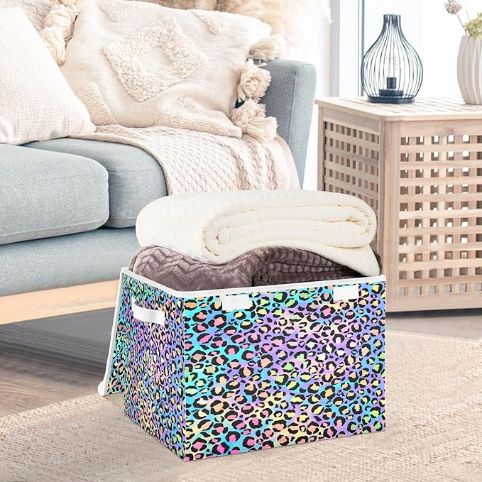 Holographic Leopard Print on Gradient Storage Container with Lid Stackable Tote Storage Bins for Organizing for Home