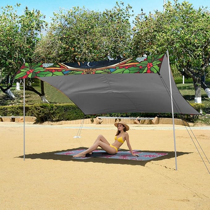 xigua Reindeer Beach Tent Sun Shelter with Carrying Bag - Silver Coated Oxford Fabric Beach Canopy for Beach Camping Fishing - Includes Windproof Ropes Sandbags &amp Stakes