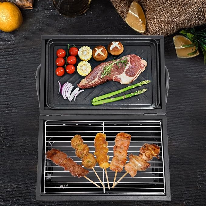 Supernal Portable Charcoal GrillTabletop Charcoal GrillBBQ Grill for Outdoor Cooking CampingPicnicsBackyardBalcony-Black2 Carbon Tank2 Baking Net1 Baking Pan