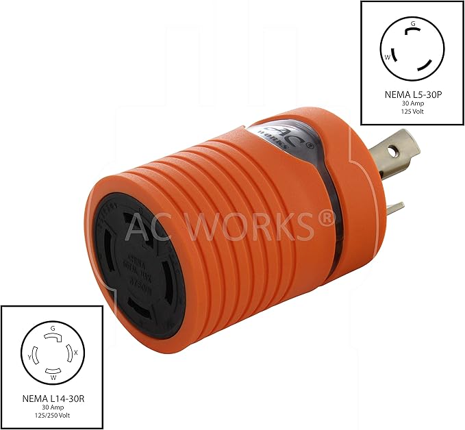 AC WORKS Generator to Transfer Switch L14-30 Inlet Box Adapter (L5-30 30Amp 3-Prong to L14-30 Compact)
