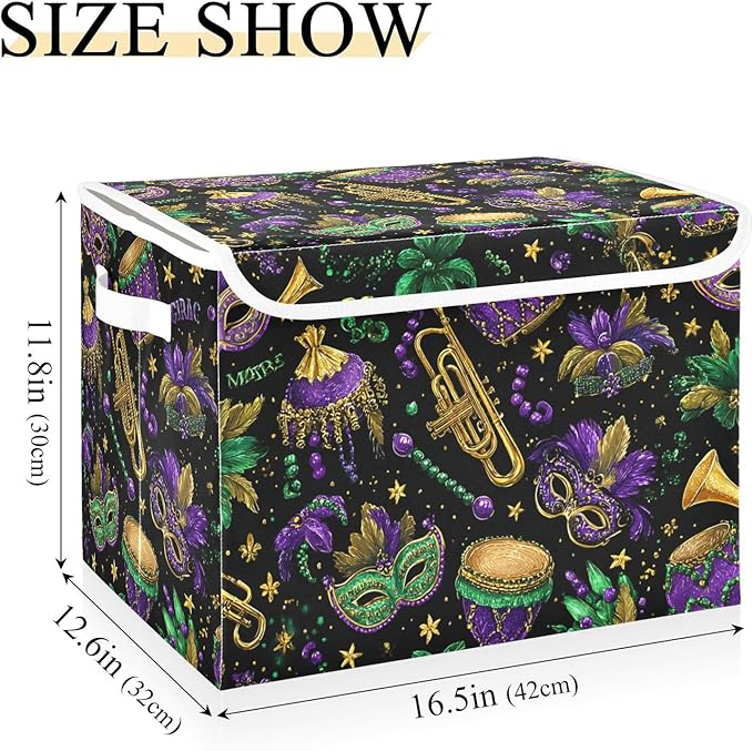 Mardi Gras Masks Black Storage Box with Lid 1 PC Foldable Storage Bin with Lids Stackable Storage Bins Cube Closet Organizer Basket with Flip-Top Lid &amp Handles for Shoes Books Towels