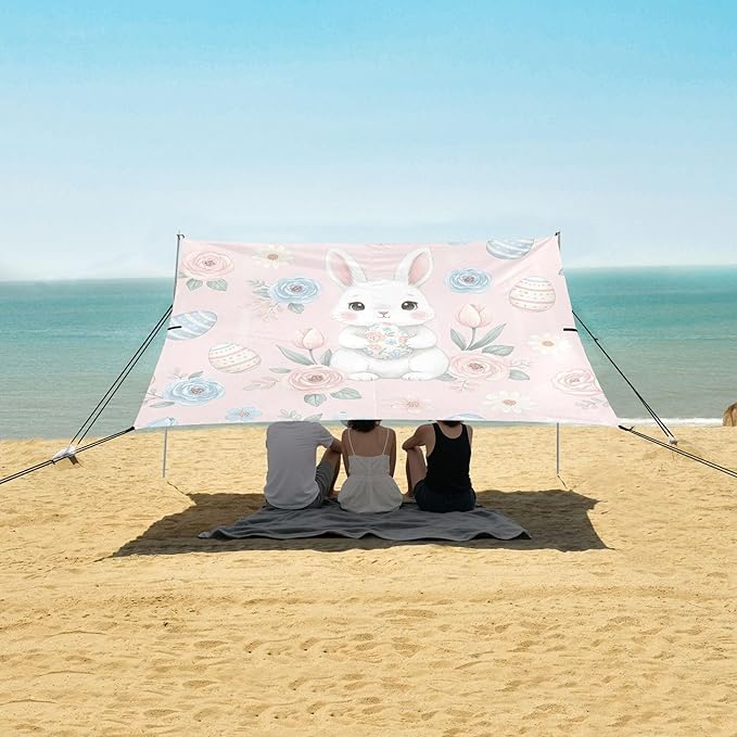 Easter Bunny Beach Canopy Sun Shelter with Sandbags &amp Sand Shovel &amp Windproof Ropes - Portable 110x126 Beach Shade Beach Tent for Camping Picnics