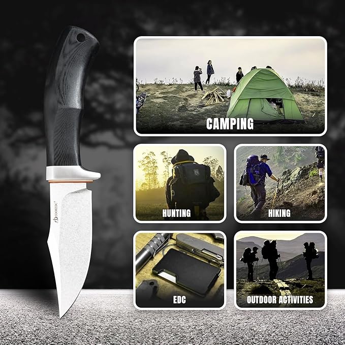 Knives DC53 Steel Fixed Blade Hunting Knife with Sheath Tactical EDC Knife for Men Outdoor Survival Camping Hiking Fishing (White Stone Wash)